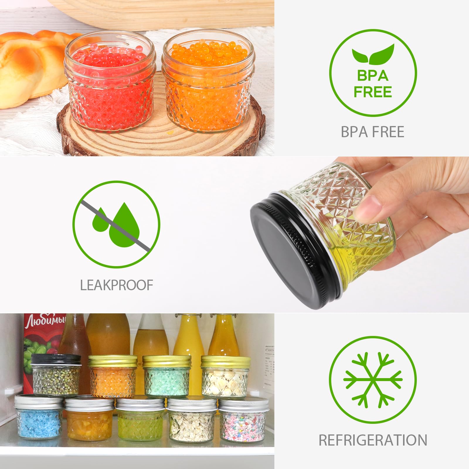 Tarros de vidrio de 4 onzas con tapa negra, paquete de 40 mini tarros de conserva de boca regular para caviar, miel, mermelada, gelatina, mantequillas corporales, especias, vela de bricolaje