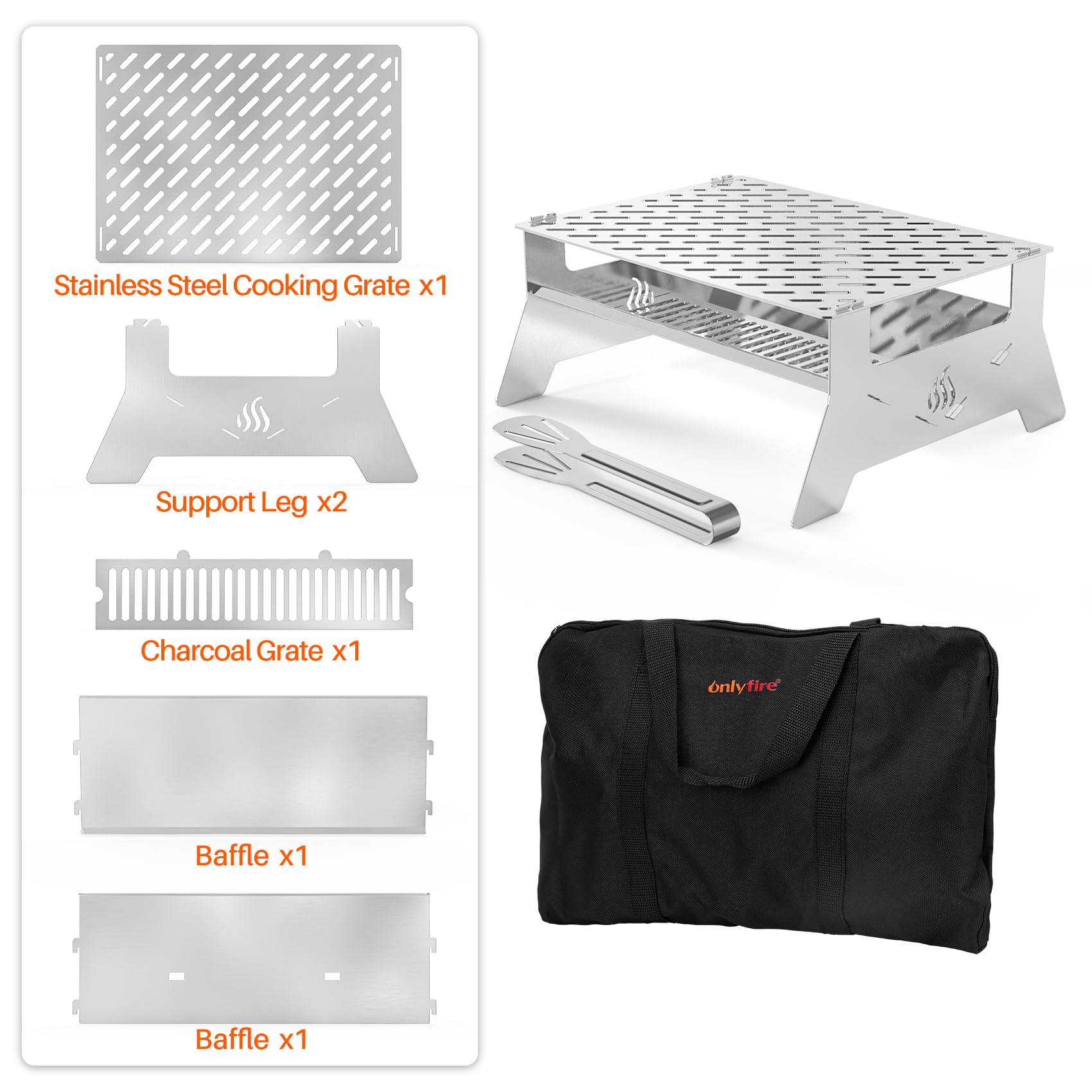Onlyfire Barbecue à charbon portable en acier inoxydable très résistant | Barbecue pliable, sac de transport et pince de barbecue, pour terrasse, jardin, camping, pique-nique et randonnée