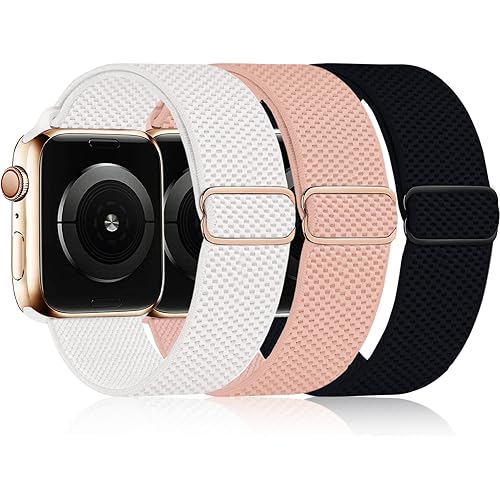 3 Pack Stretchy Solo Loop Band Compatible with Apple Watch Band 42mm 44mm 45mm 49mm for Women Men, Adjustable Sport Elastic Nylon Strap for iWatch Series Ultra/SE/8/7/6/5/4/3/2/1, White/Pink/Black
