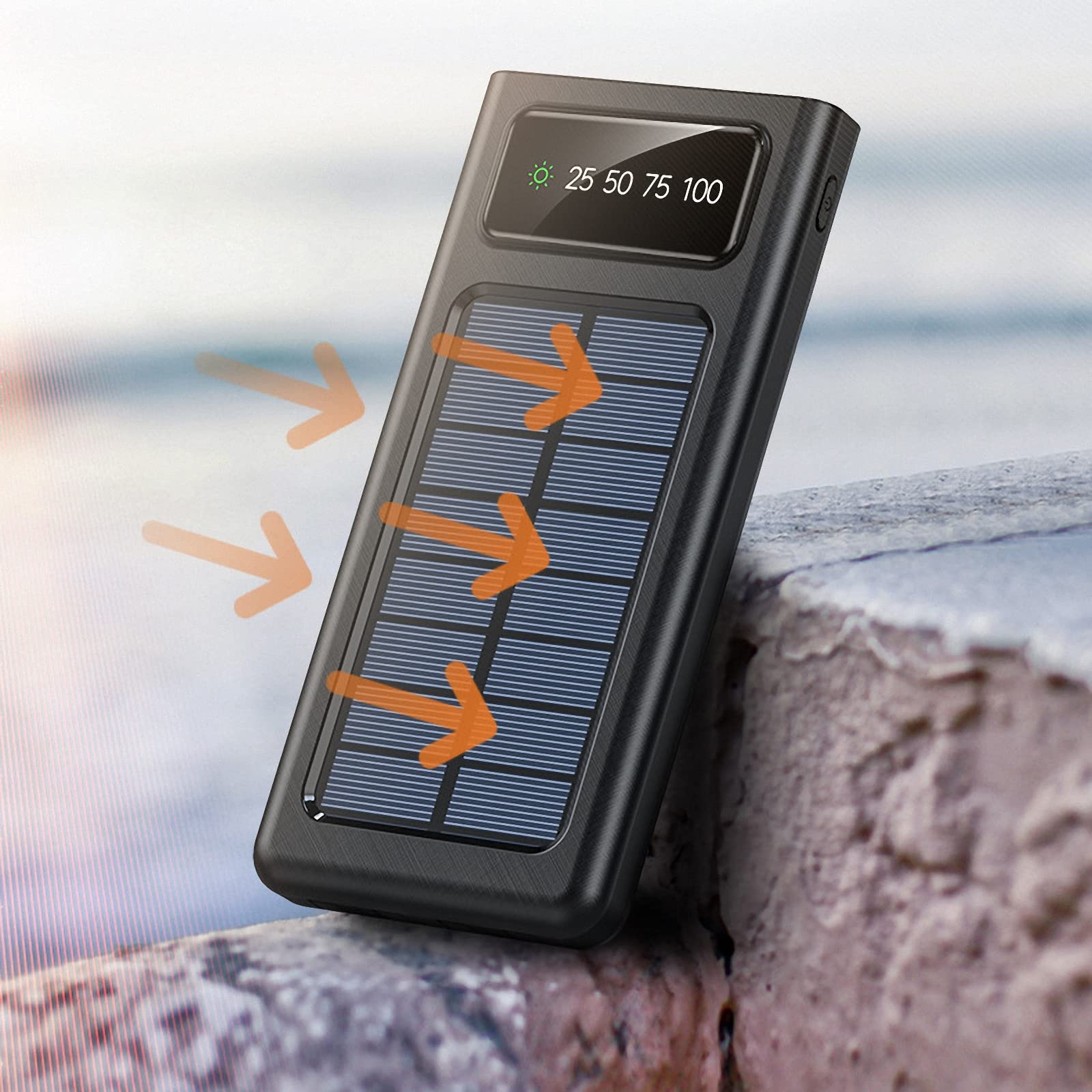 Powerbank solarny 2000 mAh, zewnętrzna bateria zapasowa o dużej pojemności ze światłami LED, w zestawie z kablem do ładowania, prezenty dla przyjaciół i krewnych, kompatybilna ze smartfonami, czarny, 20000 mAh