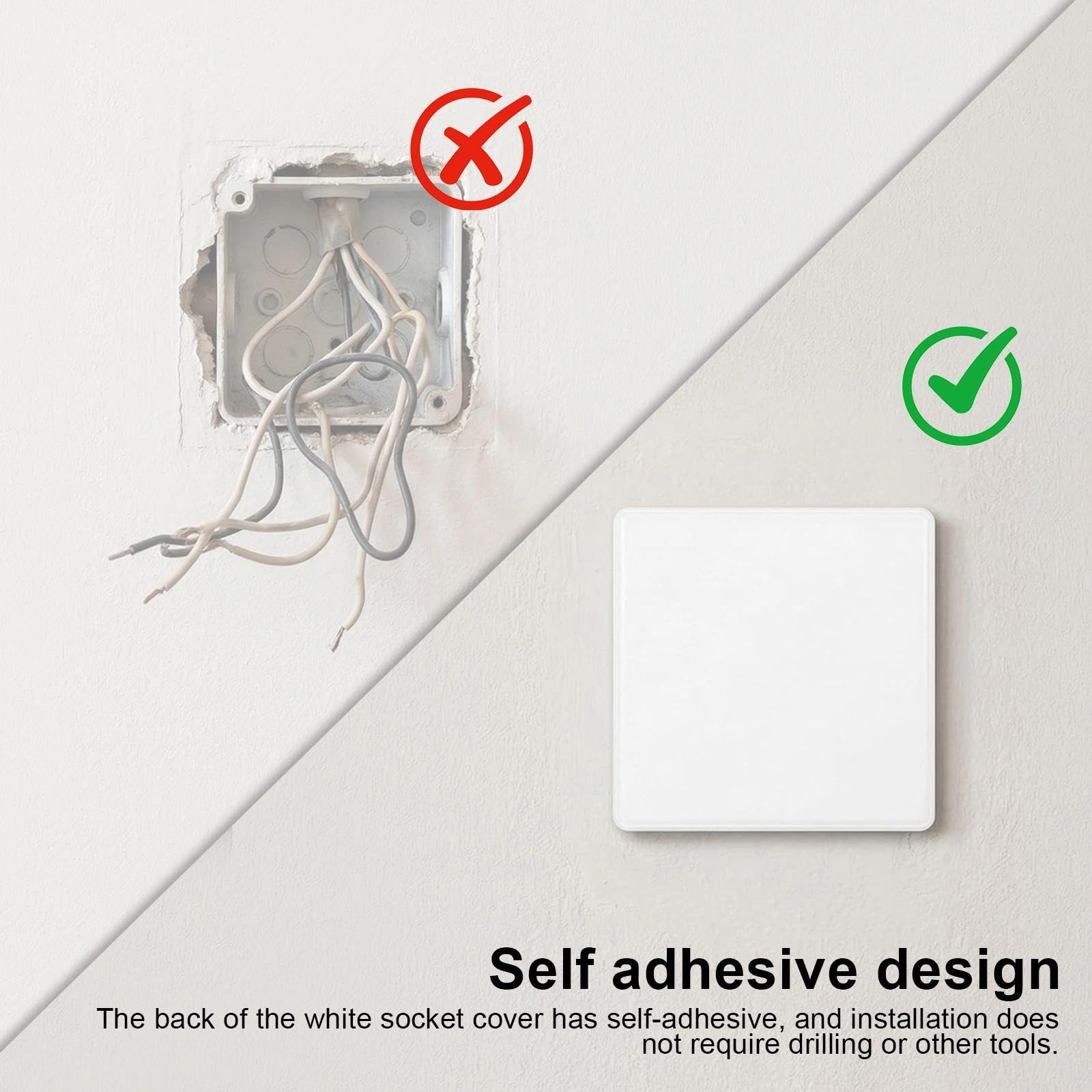 Cache Prise 8,6 x 8,6 cm Blanc ABS Plastique Montage sans Perçage pour Prises Inutilisées