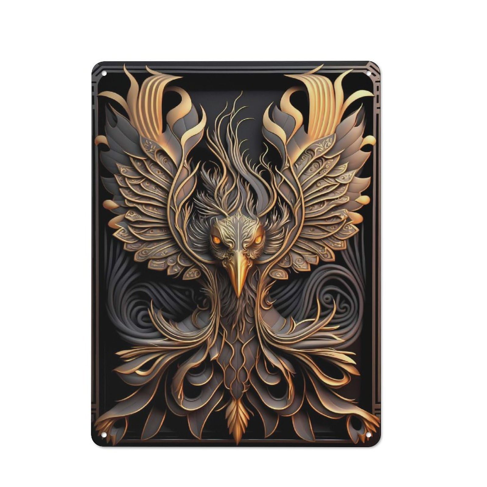 Junmoney Style-22 Mythical Phoenix God Workshop Style Metal Wall Decor 40X30cm, Decorative Metal Plaque For Garage, Hobby Room, Office Or Man Cave