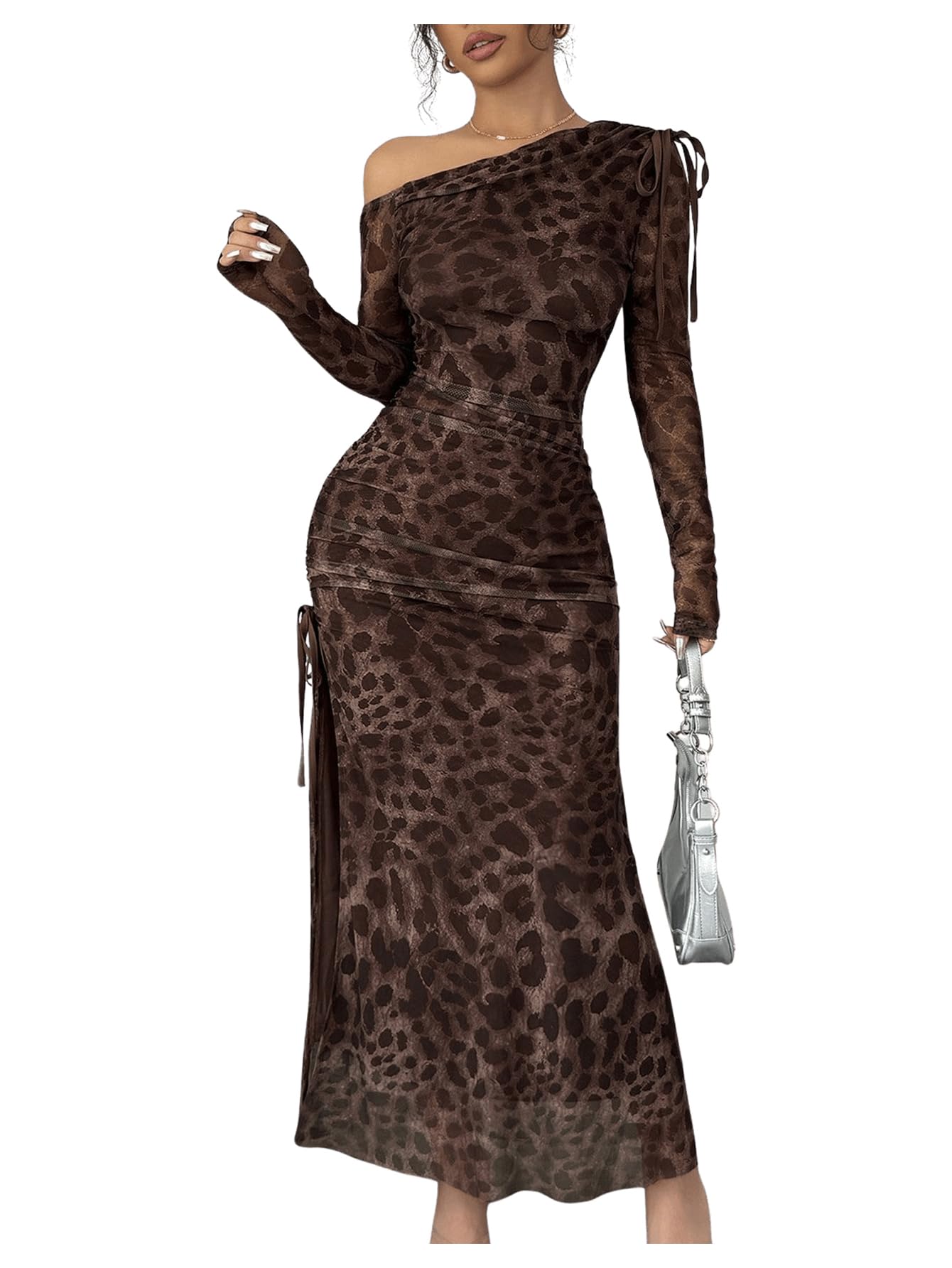 Floerns Women's Mesh Long Sleeve Dress High Slit Ruched Leopard Print One Shoulder Dress