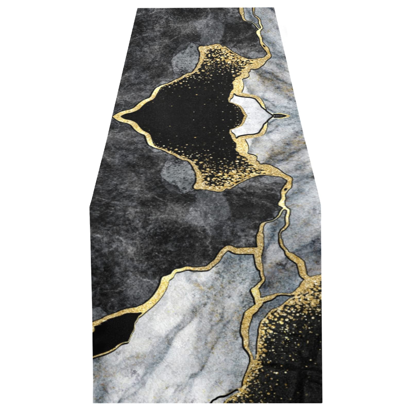 Poeticcity Multi 19 Black Gold Grey Marble Stone Marbled Mosaic With Golden Veins Lines 14" X 108" Rectangle Table Runner Long Tablecloth Placemat For Party Home Decor Indoor Outdoor Office Kitchen Dining Wedding