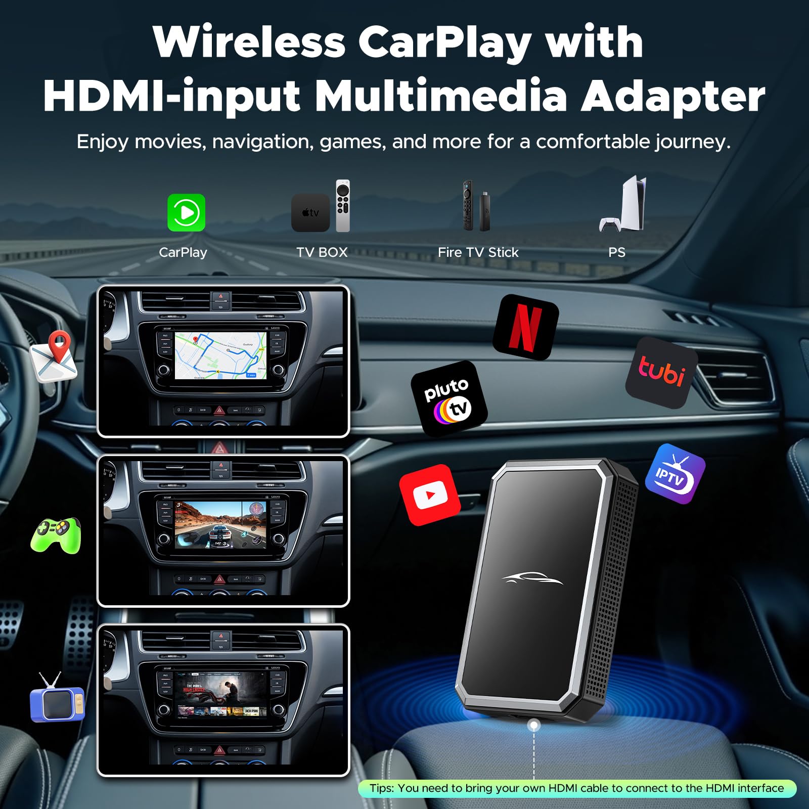 LAMTTO Car TV Mate, Bezprzewodowy Adapter Carplay do OEM Wired Carplay F-ire TV/konsola do Gier, HDMI Multimedia Plug+Play Przewodowe Modele Samochodów CarPlay iOS 10+, Type-C/USB