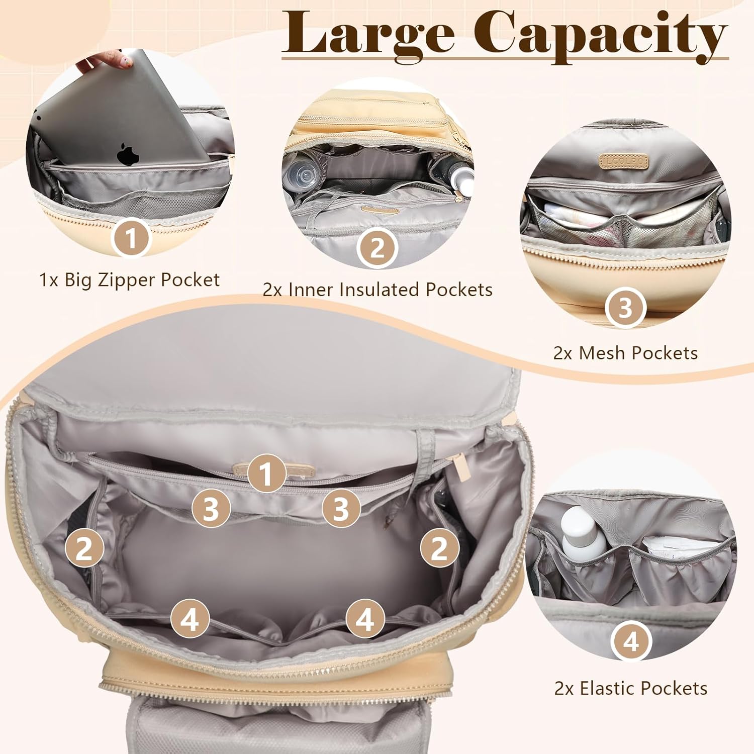 Diaper Bag Backpack, Neoprene Bag Backpack, Large Diaper Backpack with 16 Diaper Bag Organizers, 4 Insulated Pockets, Lighweight Travel Baby Bag with Changing Pad for Mom & Dad, Apricot