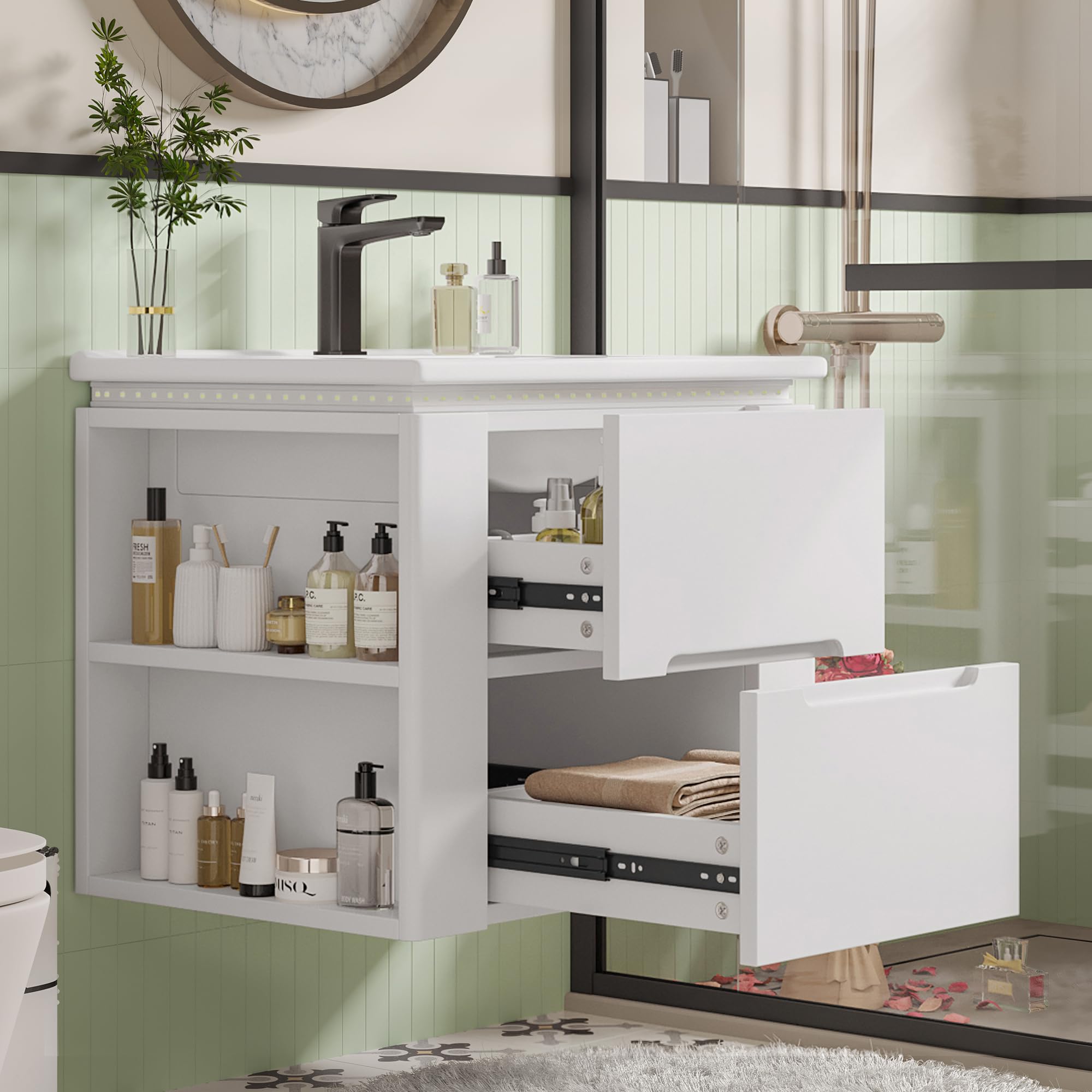 armadio da bagno sospeso a parete, 60 x 46 x 48,5 cm, illuminazione a LED con sensore radar, due cassetti, guide scorrevoli silenziose, lavabo integrato, bianco