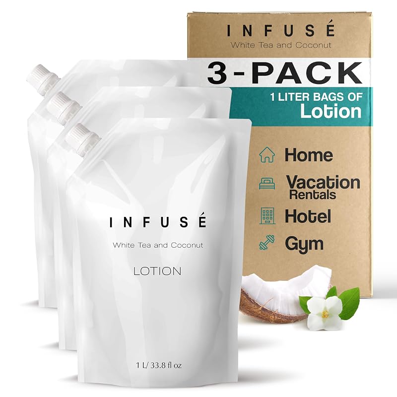 Loção corporal INFUSÉ White Tea and Coconut, pacote com 3 bolsas de reposição de 1 L