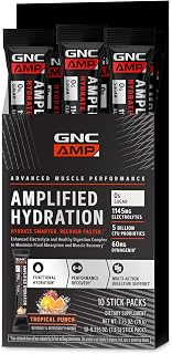 GNC AMP Amplified Hydration Electrolyte Powder Drink Mix | Enhanced Electrolyte & Healthy Digestion Complex | Tropical Punch | 10 Count