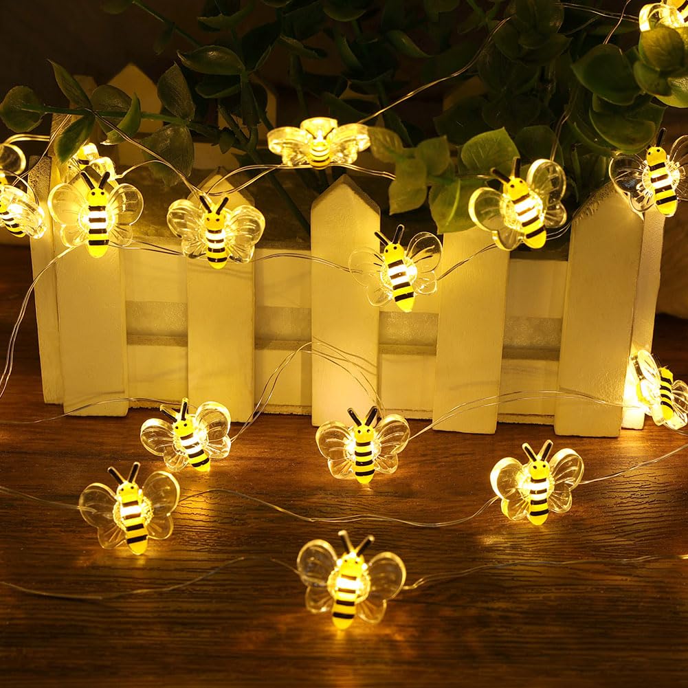 URAQT Copper Wire Bee Lights Decoration, Garden Lights, 2 Pack 9.8ft 30 LED Battery Powered Outdoor String Fairy Lights, for Women, Kids, Girls, Bedrooms, Plants, Patio Parties, Wedding Christmas