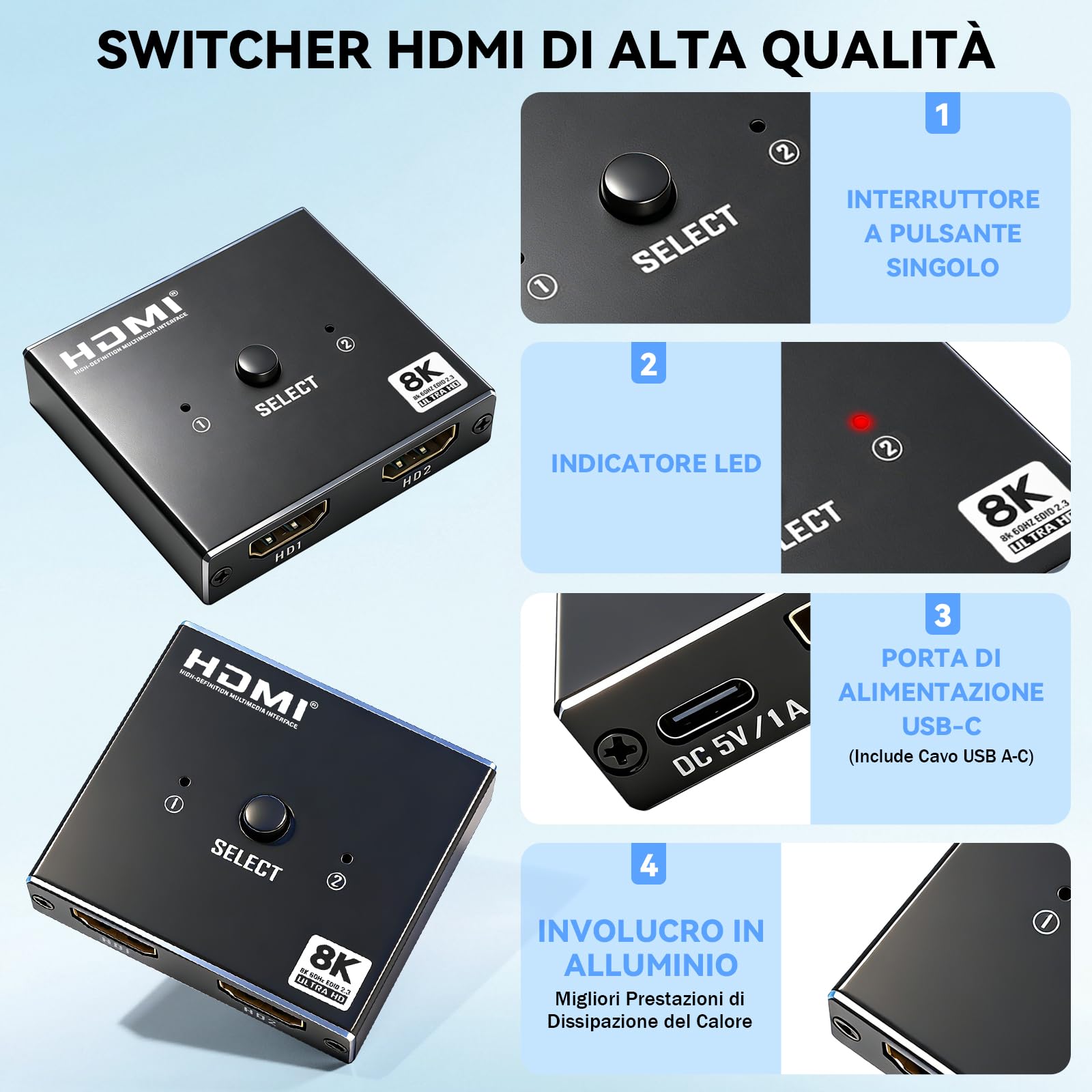 Splitter HDMI 8K 2.1 48Gbps, Switch HDMI 2 ingressi 1 uscita, Supporto HDCP 2.3 per PS5 Xbox HDTV