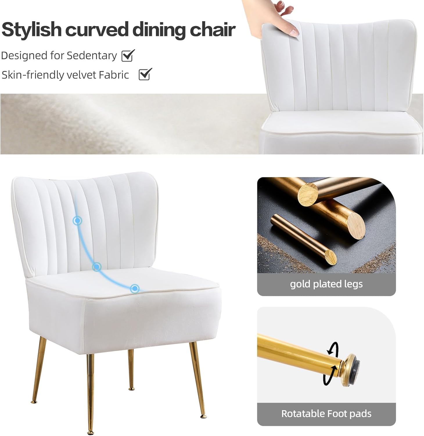 Velvet Accent Chairs,Modern Armless Living Room Chairs,Upholstered Wingback Slipper Chair Single Sofa Chair with Golden Metal Legs,Comfy Chairs for Small Space,Bedroom,Office,White