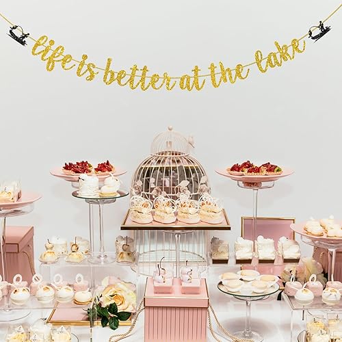 Miniatura 6 de Cartel dorado con purpurina «Life is Better at the Lake», decoración de fiesta de cumpleaños o jubilación con temática de pesca, decoración de