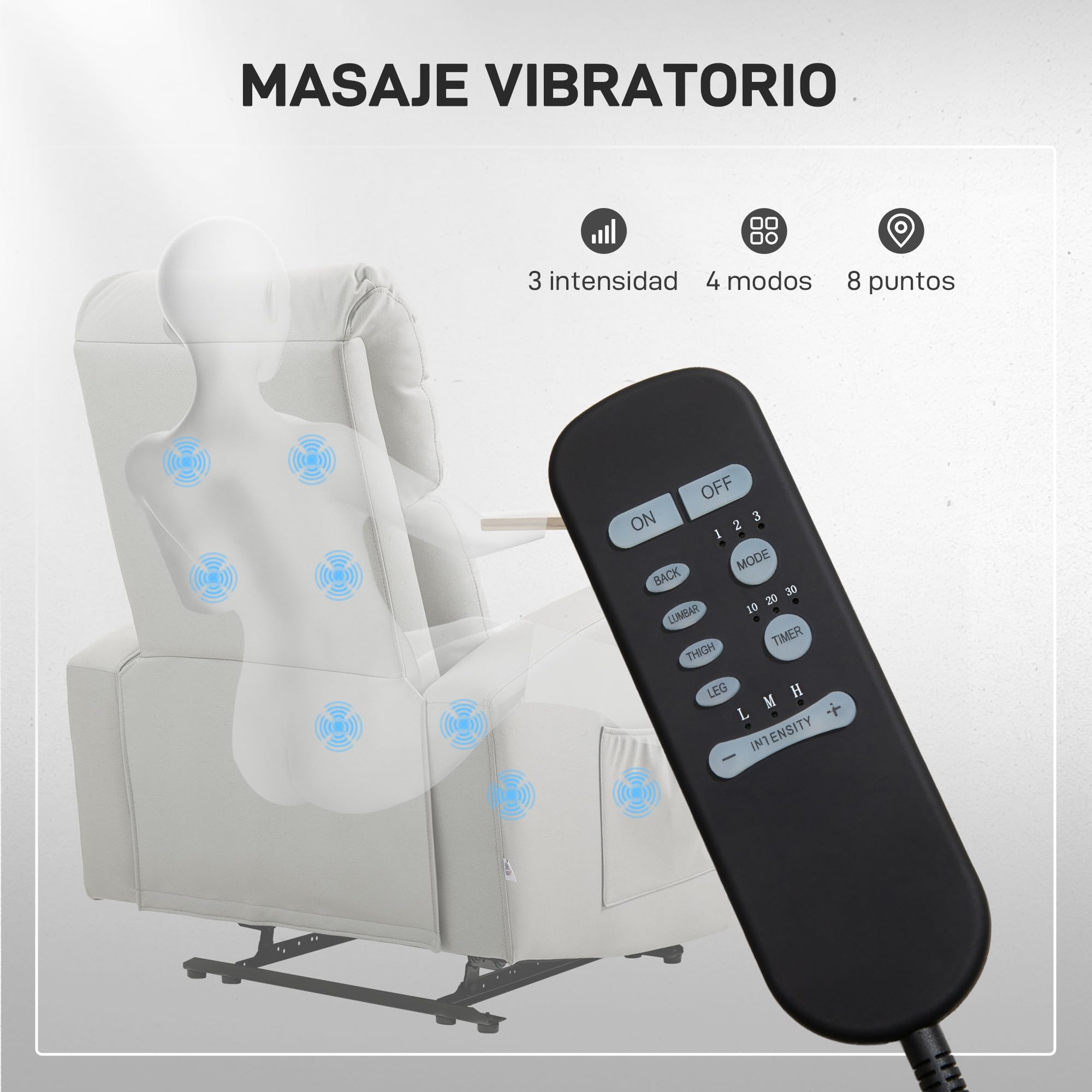 HOMCOM Sillón de Masaje con 8 Puntos de Masaje Sillón Relax Eléctrico Sofá Relax con 4 Modos Reclinación 145° Mando a Distancia Mesita 2 Bolsillos Laterales y Posavasos 77x93x105 cm Gris Claro