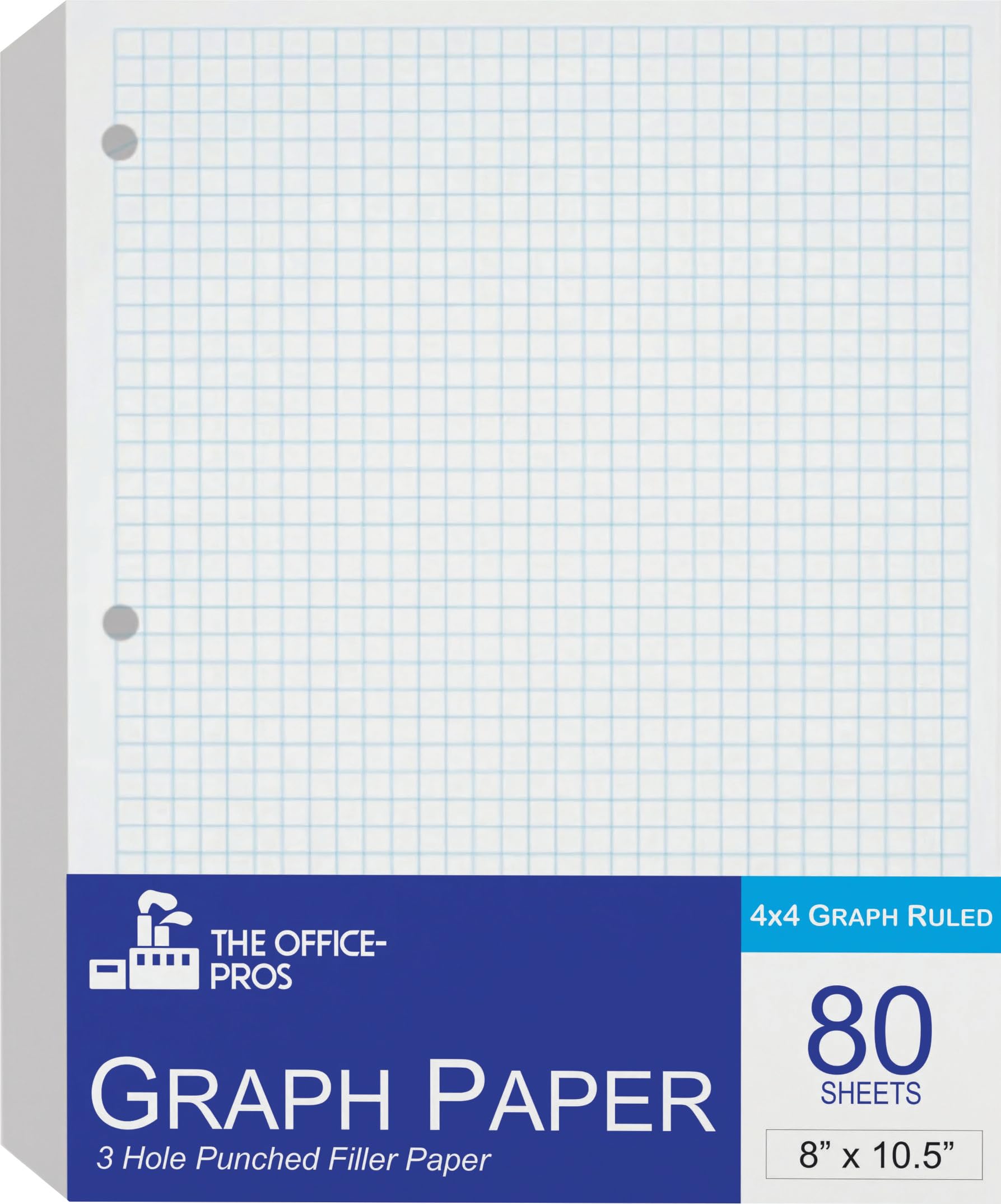Graph Filler Paper, 4 x 4 Quad Graph Paper, Loose Leaf Paper, 3 Holed Punches Paper, Ring Binder Paper - 8" x 10.5" - Graph Paper - 80 Sheets