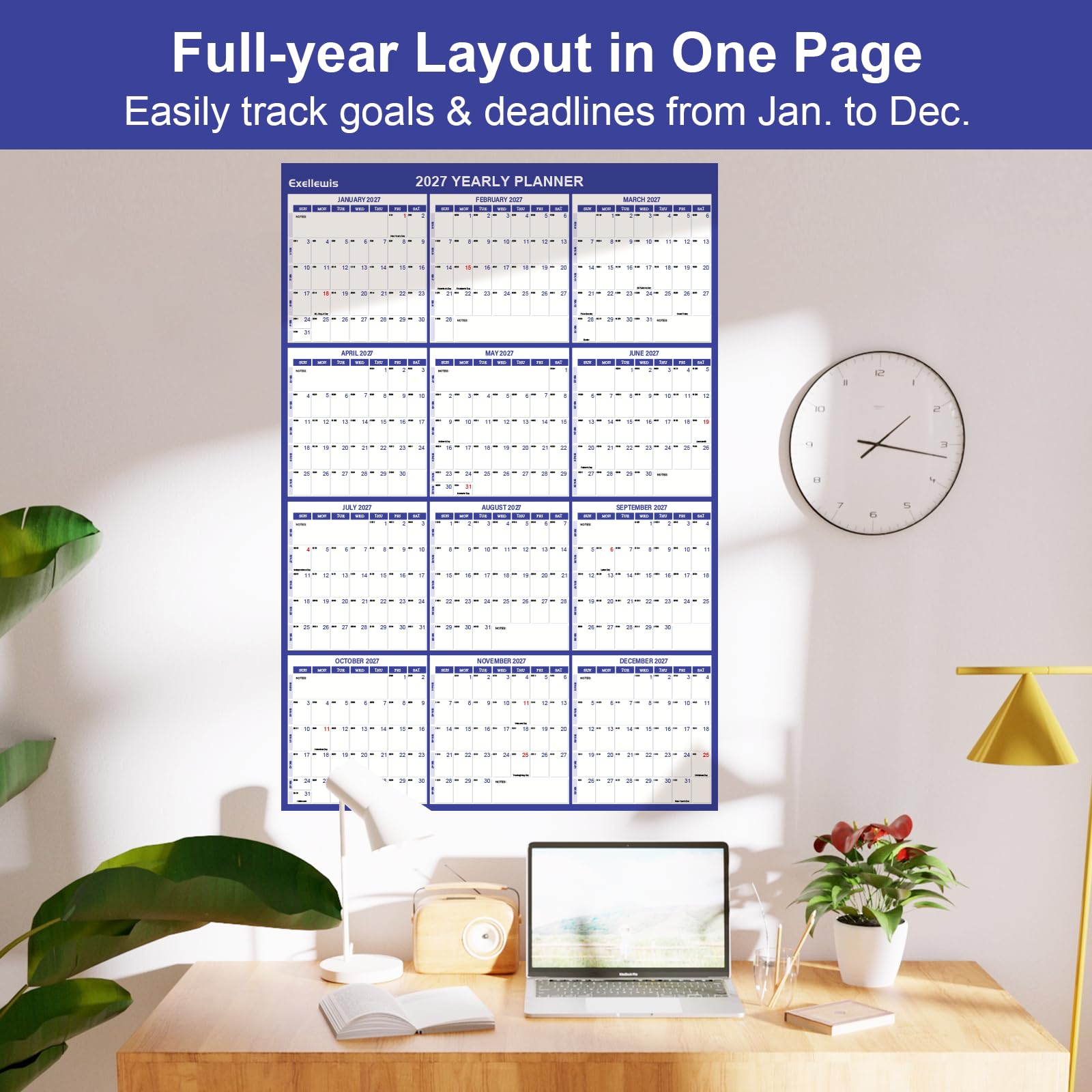 Calendario da parete 2026, 81,3 x 121,9 cm, 12 mesi da gennaio a dicembre, agenda annuale annuale grande, calendario orizzontale/verticale per una facile pianificazione, organizzazione (indaco)