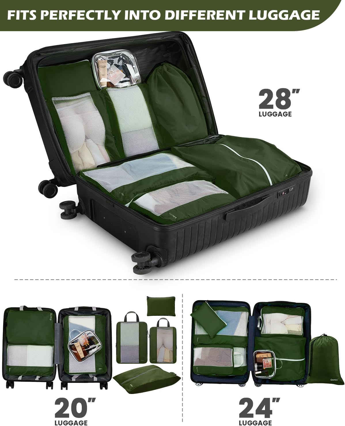 Gonex 8 Set Compression Packing Cubes for Travel, Expandable Mesh Packing Organizer for Travel Accessories Essentials with Toiletry Bag, Laundry Bag, Shoe Bag, Cable Bag for Carry On, Deep Green - Image 7