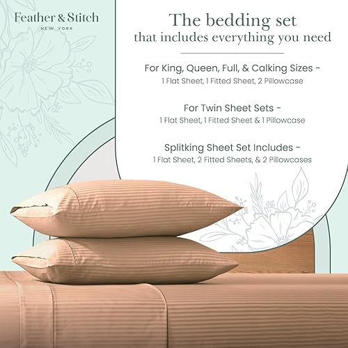 Miniatura 8 de Juego de sábanas de damasco tamaño King de Feather & Stitch, 100% algodón suave, transpirable, 4 piezas, bolsillos profundos de 18 pulgadas, tejido