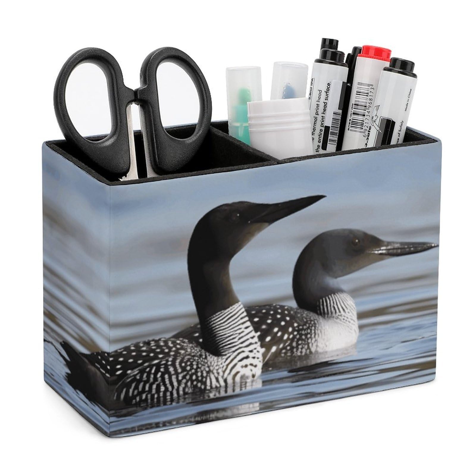 LZQPOEAS Exquisite Patterns PU Leather Pen Holder, Multifunctional Desktop Organizer Caddy with 2 Compartments, Loon Birds Pencil Cup Makeup Brush Holder for Office Home