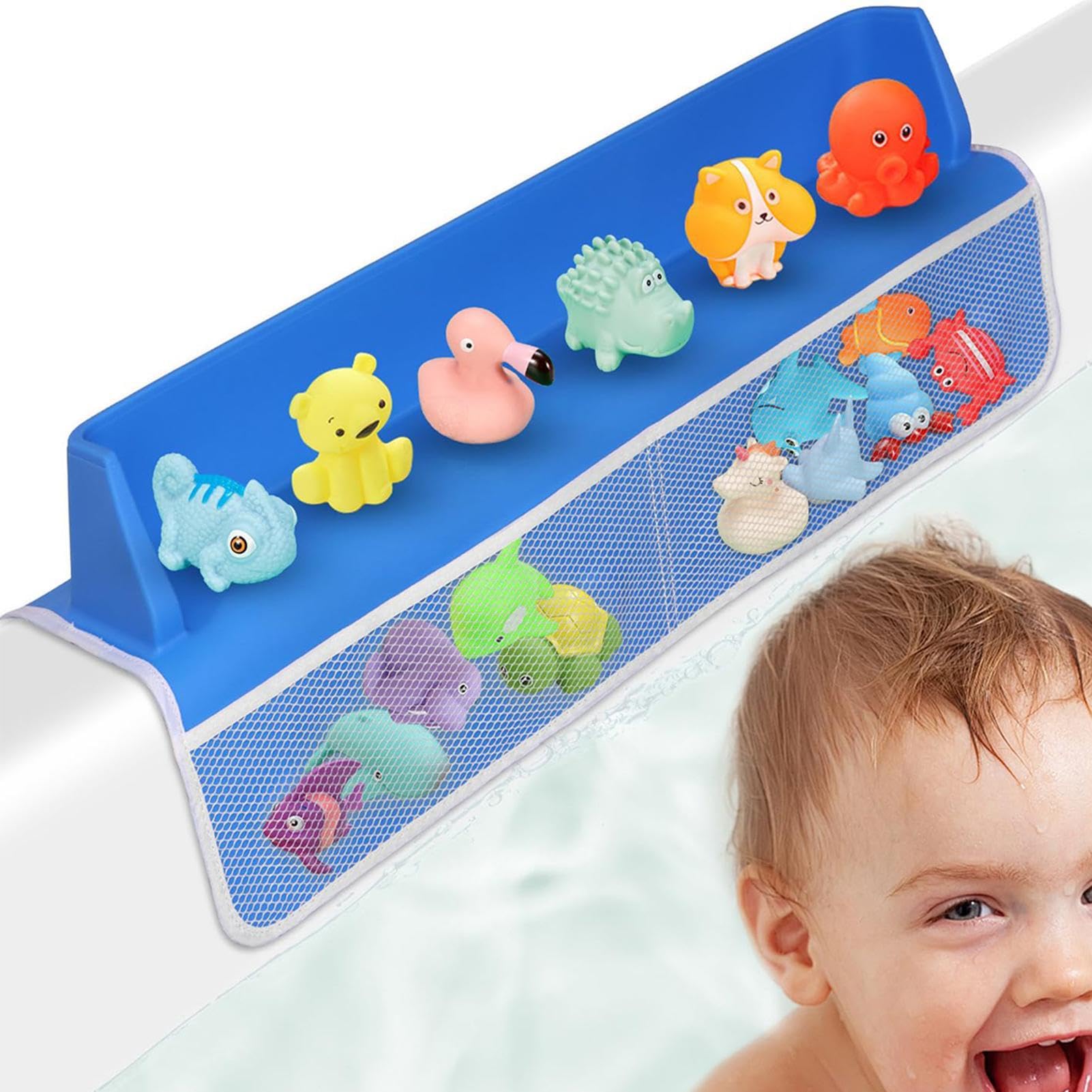 Paraspruzzi per vasca da bagno per bambini, Paraspruzzi per vasca da bagno - Area ripiano giochi Blue Splash Guard | Organizer per mensola per vasca da bagno per bambini con ventosa,