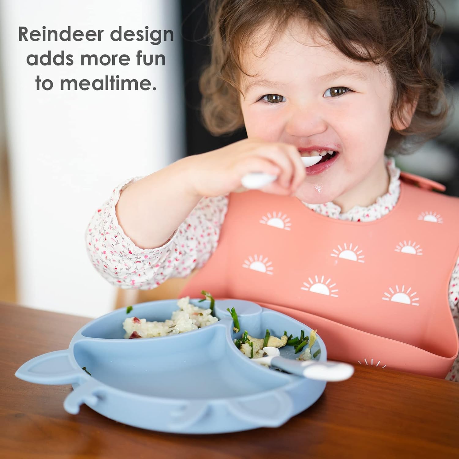 ROCCED [Upgraded] Suction Plates for Toddlers, Silicone Plates with Suction for Baby Divided, Baby Spoon Fork Set for Toddler Baby Dishes Kids Plates and Utensils-Deer Dusty Blue