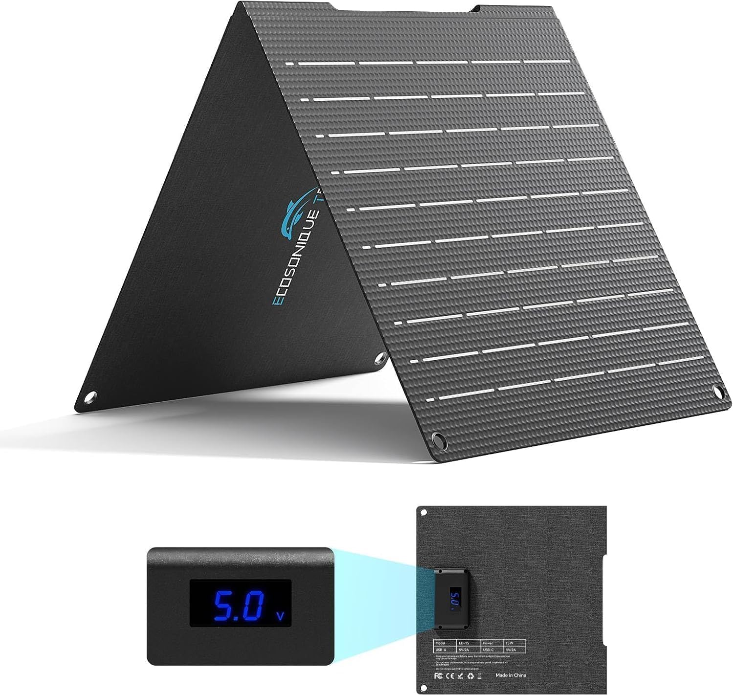15W Portable Solar Charger with Digital Power Display, USB-C USB-A (for UK)