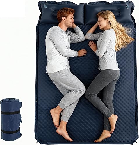 Colchoneta de dormir doble para acampar con almohada, colchón de espuma viscoelástica de 2 pulgadas para 2 personas, almohadilla de campamento