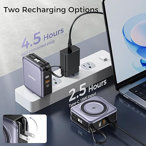 Miniatura 6 de Cargador Portátil Magnético 6-en-1 de 10000mAh – Carga Rápida de 22.5W con Enchufe de Pared AC, Cables USB-C y Lightning Incorporados para iPhone