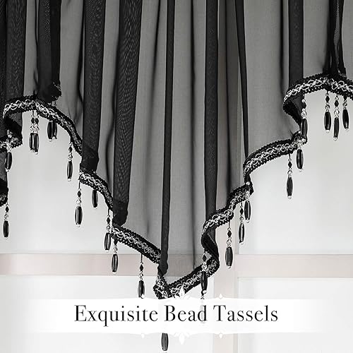 Miniatura 3 de WUBODTI Cortinas transparentes con cuentas para cocina, 3 piezas, bolsillo para barra, triangular, gótico, cenefa de ventana con borlas, cenefas