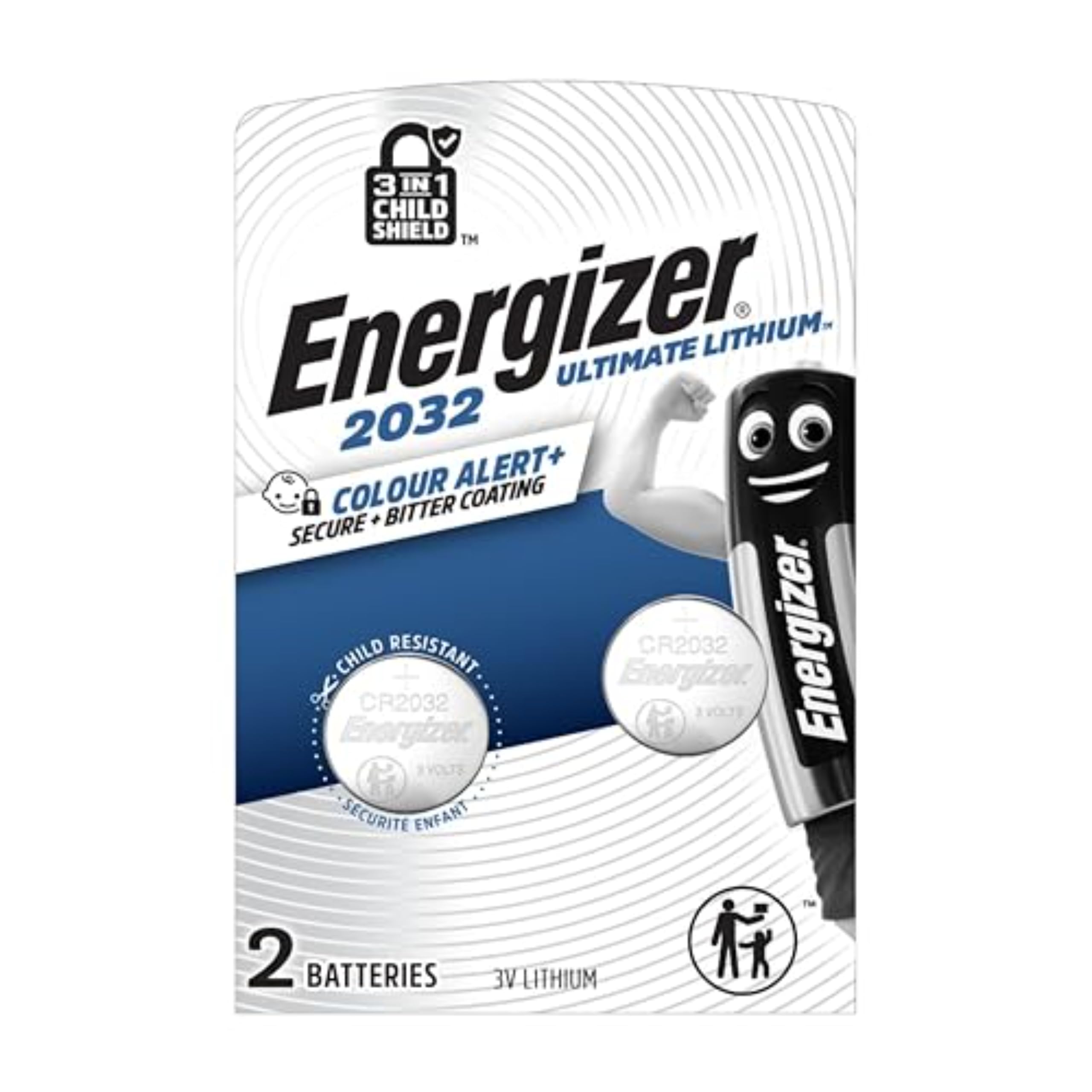 Energizer Ultimate Lithium - CR2032 Batteries (2 Pack) - 3V Battery Coin Cell – World's First 3 in 1 Child Shield Colour Alert Technology – AirTags, Car Key Fobs, Watches - 12 Year Shelf Life