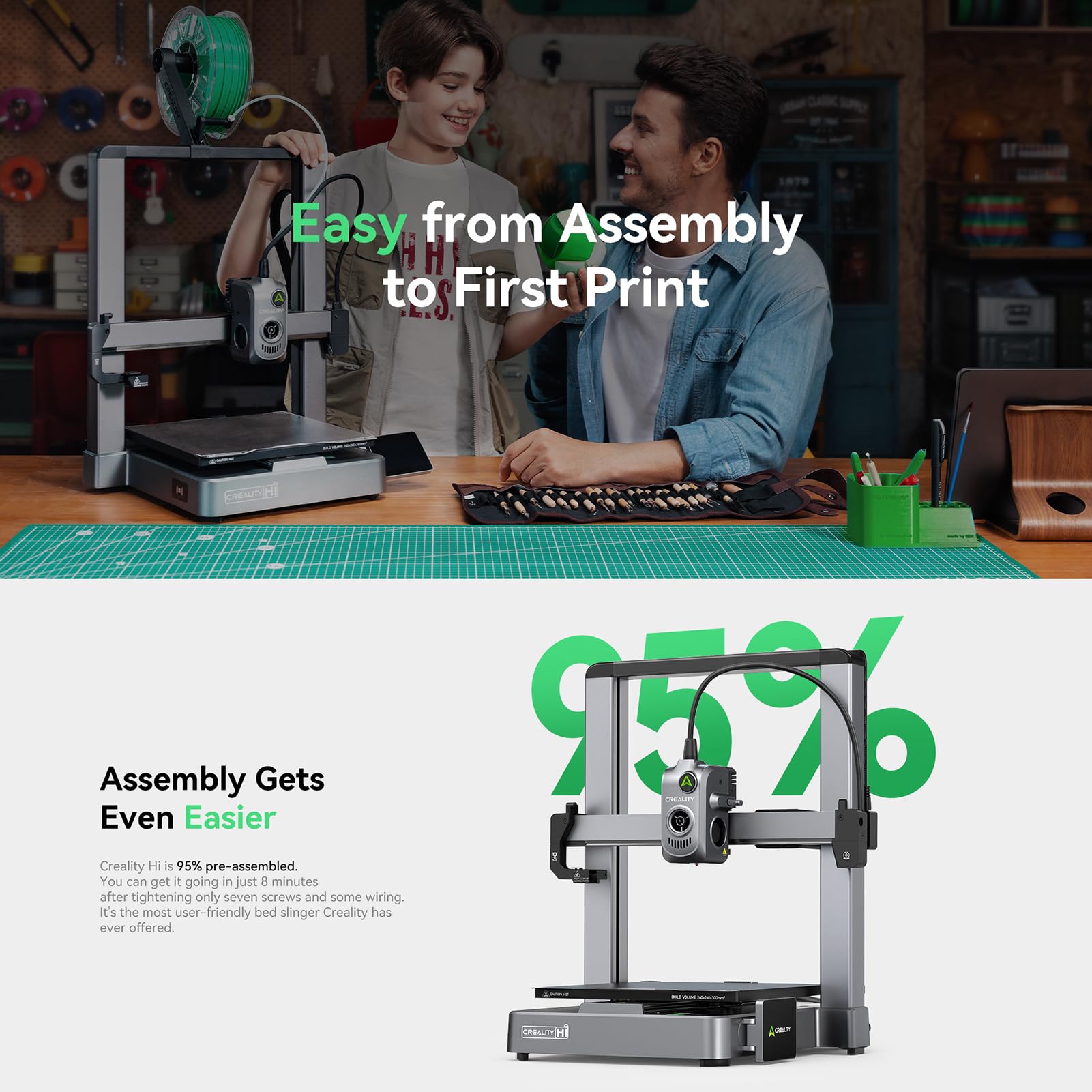 Hi – 3D-Drucker, Integrierter Antrieb und Selbstnivellierendes Heizbett für Heimwerker, Bauvolumen 260 X 260 X 300 Mm, Vollmetallgehäuse (EU-Stecker)