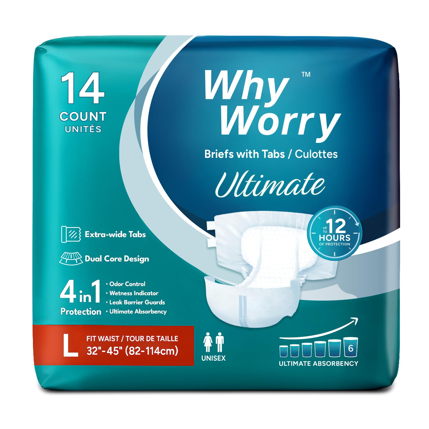 WhyWorry Ultimate Windeln für Erwachsene, Inkontinenz Slip für Frauen und Männer, Erwachsenen Windel mit ultimativ Saugfähigkeit, Auslaufschutz über Nacht, Unisex, Größe L, 14 Stück