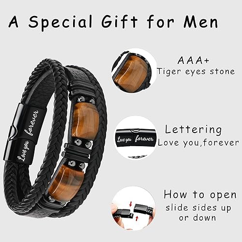 Miniatura 4 de Mens Leather Bracelets for Him Son Birthday Gift for Boyfriend Husband Brother Father's Day Gifts for Dad To My Men Bracelet with 2 Tiger Eyes for