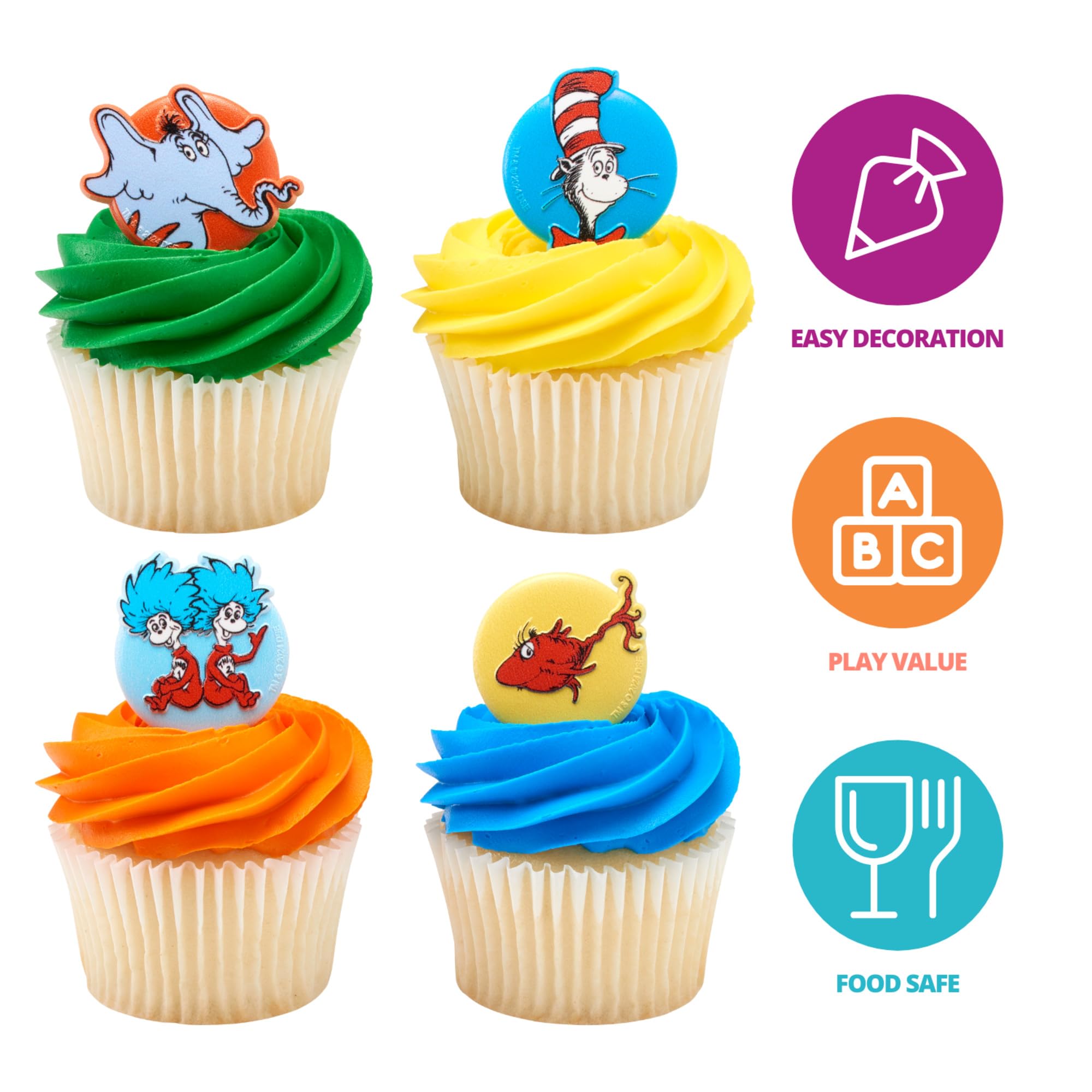 DecoPac Dr. Seuss Cupcake Rings, 24 Cupcake Decorations Featuring Horton, The Cat In The Hat, Things, Red Fish, For Birthday, Party, Celebrations - 24 Pack