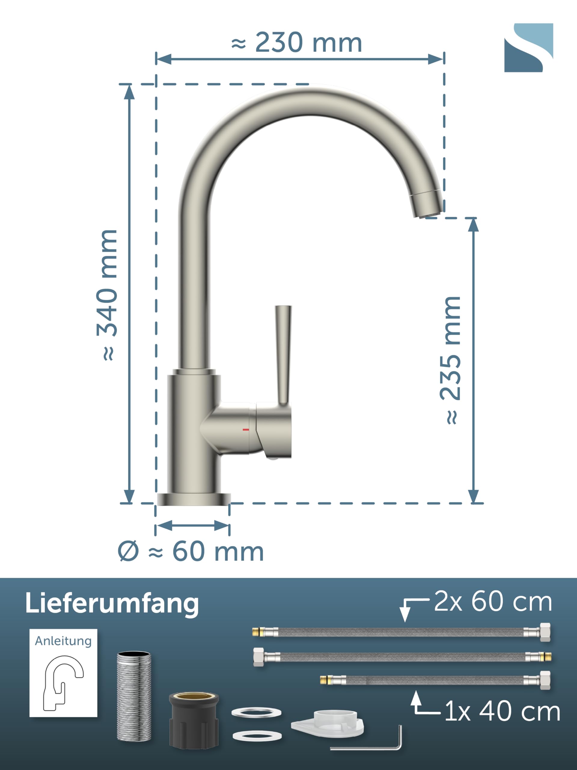SCHÜTTE 79129 CORNWALL Küchenarmatur Niederdruck, Spültischarmatur mit hohem Auslauf, Einhebelmischer, energiesparend, 360 ° schwenkbar, Wasserhahn Küche, Armatur Spüle, Edelstahl