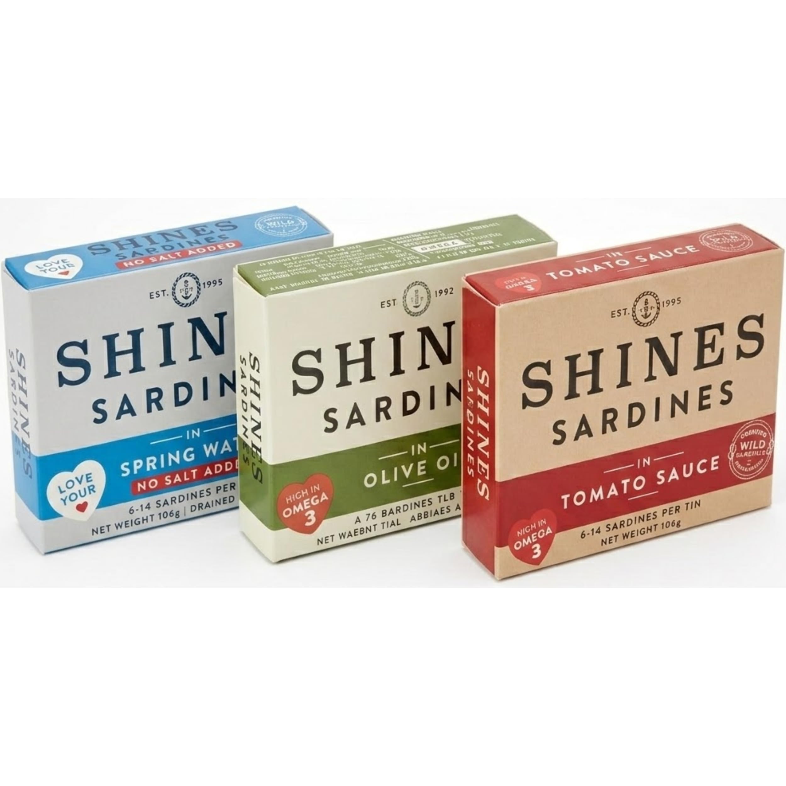 Shines Tinned Sardines in Olive Oil, Tomato Sauce and Spring Water - 3x 106g Cans