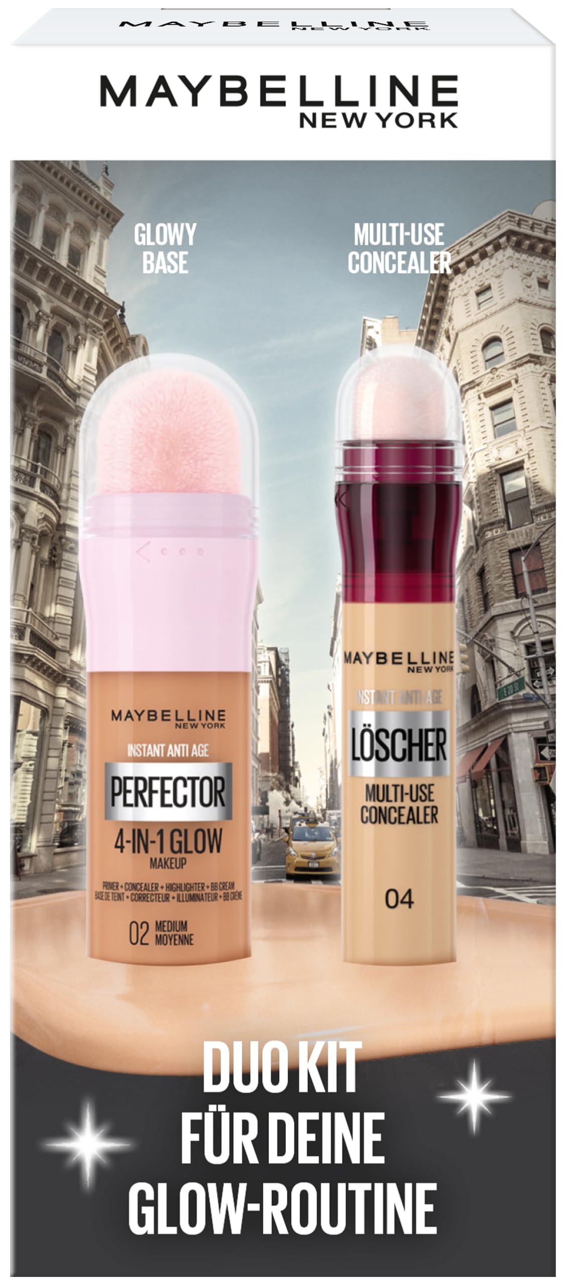 Maybelline New York 4-in-1 Make Up Instant Perfector Glow, Nr. 02 Medium, 20 ml + Instant Anti-Age Effekt Concealer Nr. 04 Honey, 6,8 ml