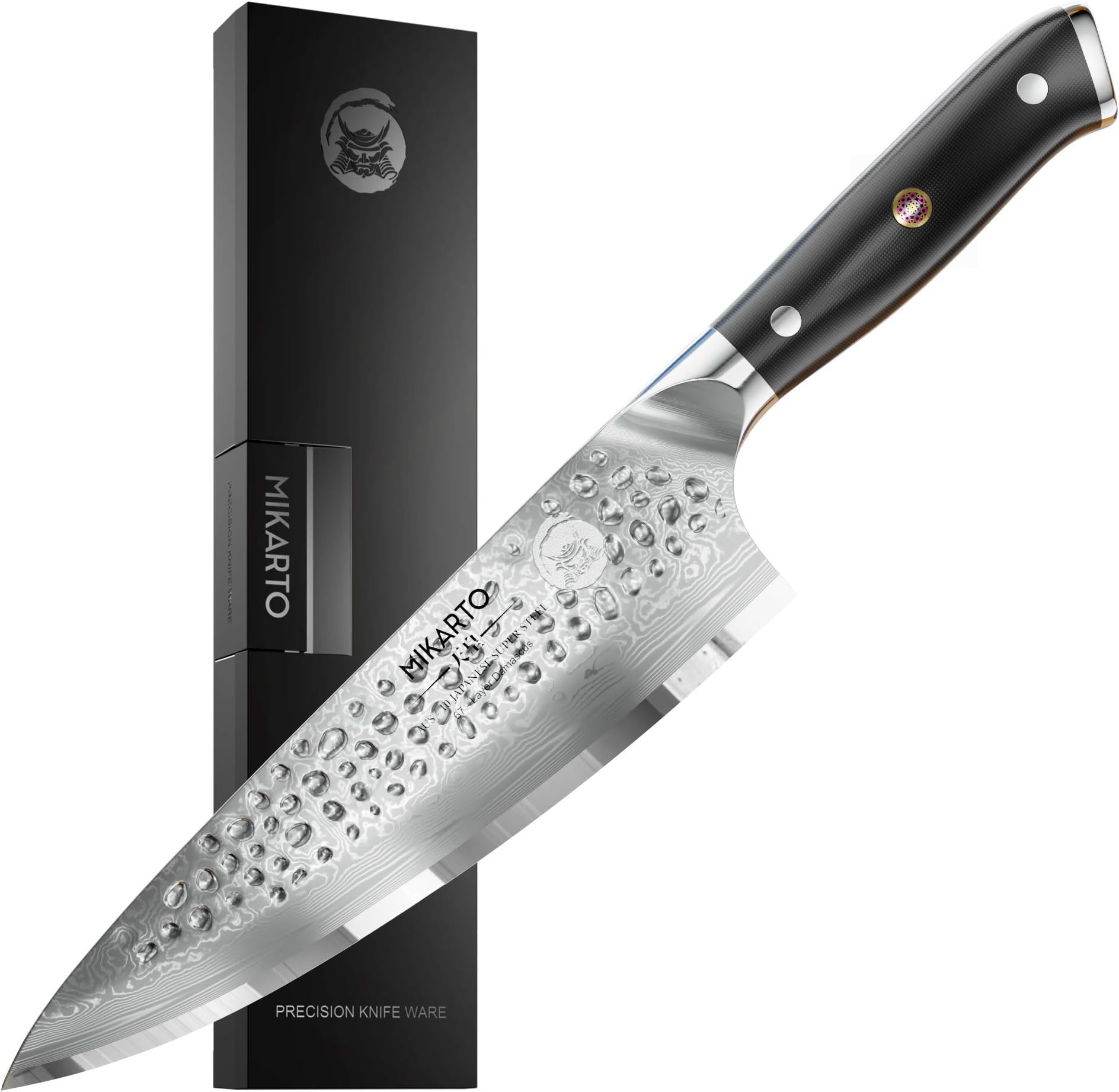 MIKARTO Chef Knife, 8 Inch Gyuto, Professional Grade - Japanese AUS-10 Super Steel Kitchen Knife with Hammer Finish - Ultra Sharp, High Carbon Kitchen Knives - Quality, All Purpose, Precision cutting.