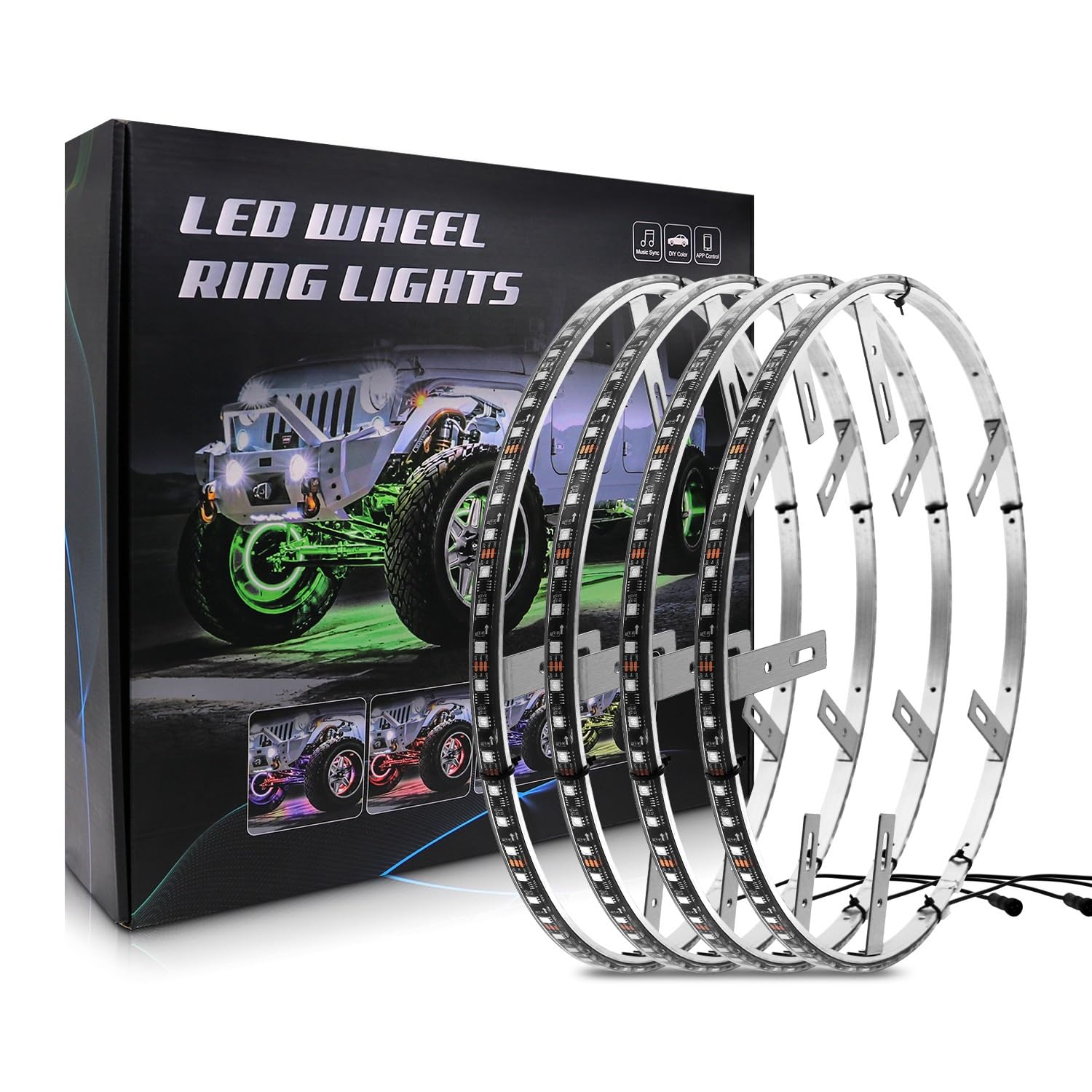 LED-Radringlicht, Blinker-/Rückfahrsignal und Bremsfunktion, wasserdichte APP-/Fernbedienung, Felgenlichter, Reifenlichter, 15,5-Zoll-LEDs-Radringlicht-Set for LKW, PKW, SUV, Wagen, 4 Stück