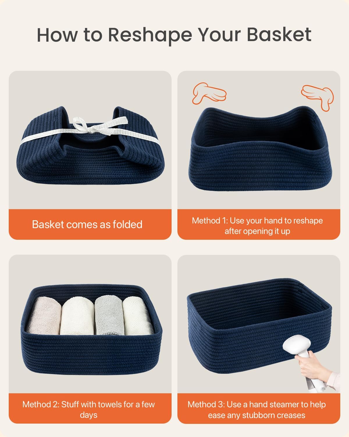 Small Woven Basket, 13.5 x 9.5 x 5 Inches, Storage Basket for Organizing, Cute Small Rope Shelf Closet Cube Storage Bins Baskets for Shelves, Dog Toy Gift Baskets Empty, 3 Packs, Navy Blue - Image 7