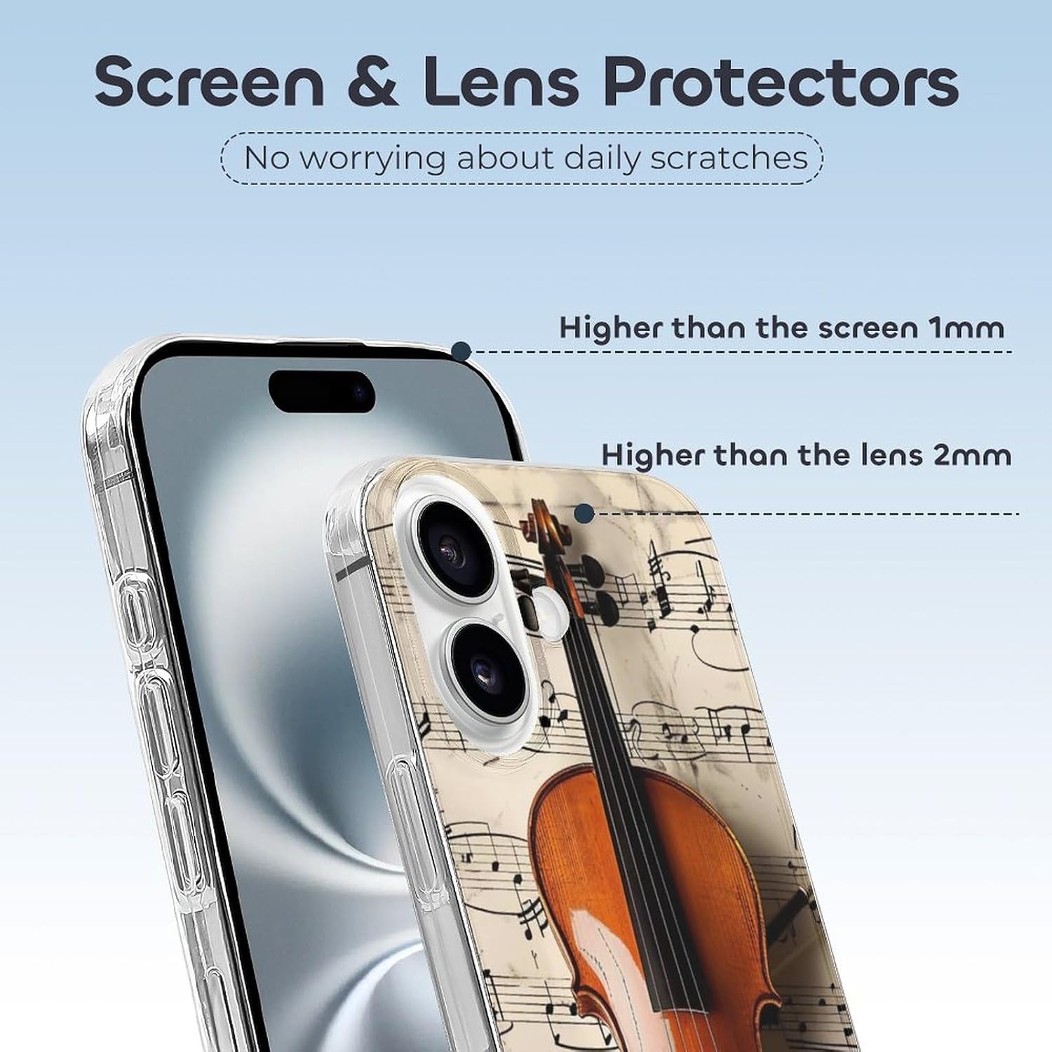 Clear Phone Case for iPhone 16 Case, Violin Sheet Music Prints Shockproof TPU Cell Cover with Wireless Charging, Anti-Yellowing, Transparent image 3