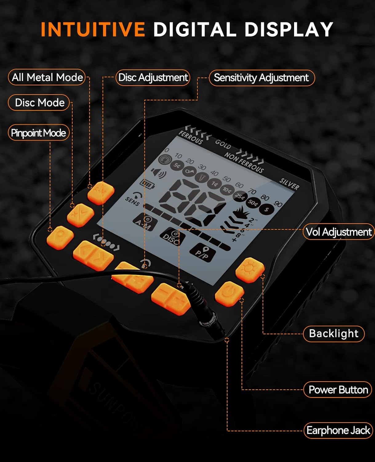 Close-up of the metal detector's LCD control panel