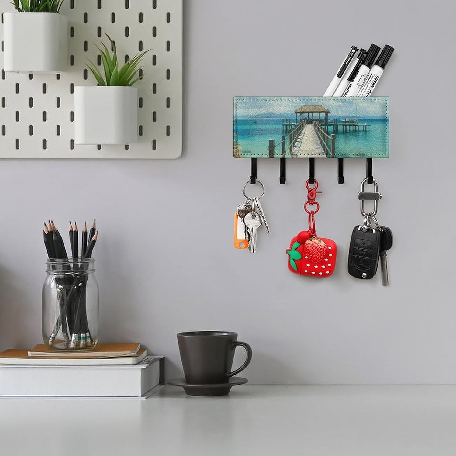 Tropical Pier Key Holder with 5 Hooks Mail Organizer for Wall Black-style image 5
