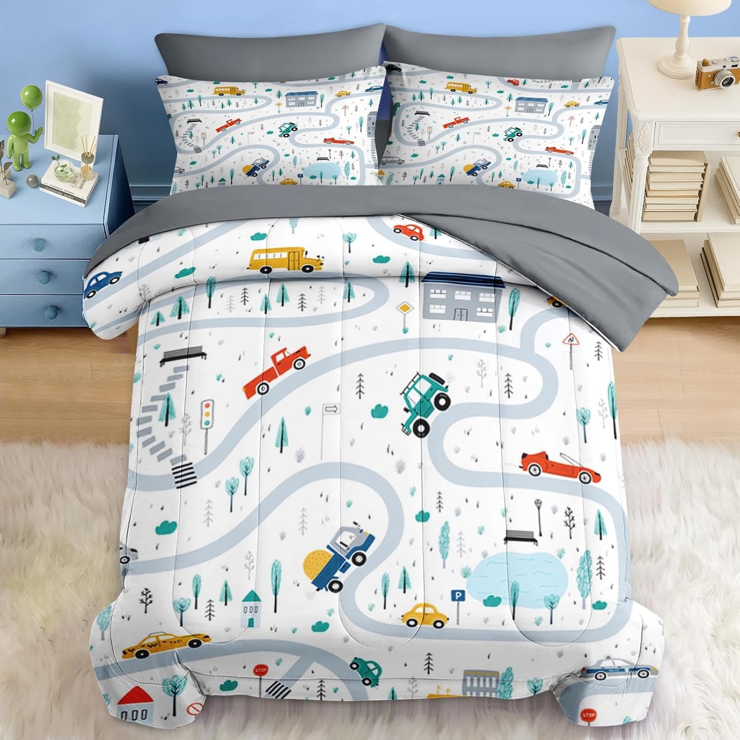 Comforter Set Twin Size, Cute Car City 5 Pcs Bedding for Kids and Adults, Cartoon Tree Truck Bed Sheet Sets with Fitted Sheet Pillowcase & Sham for Bedroom Bed Decor