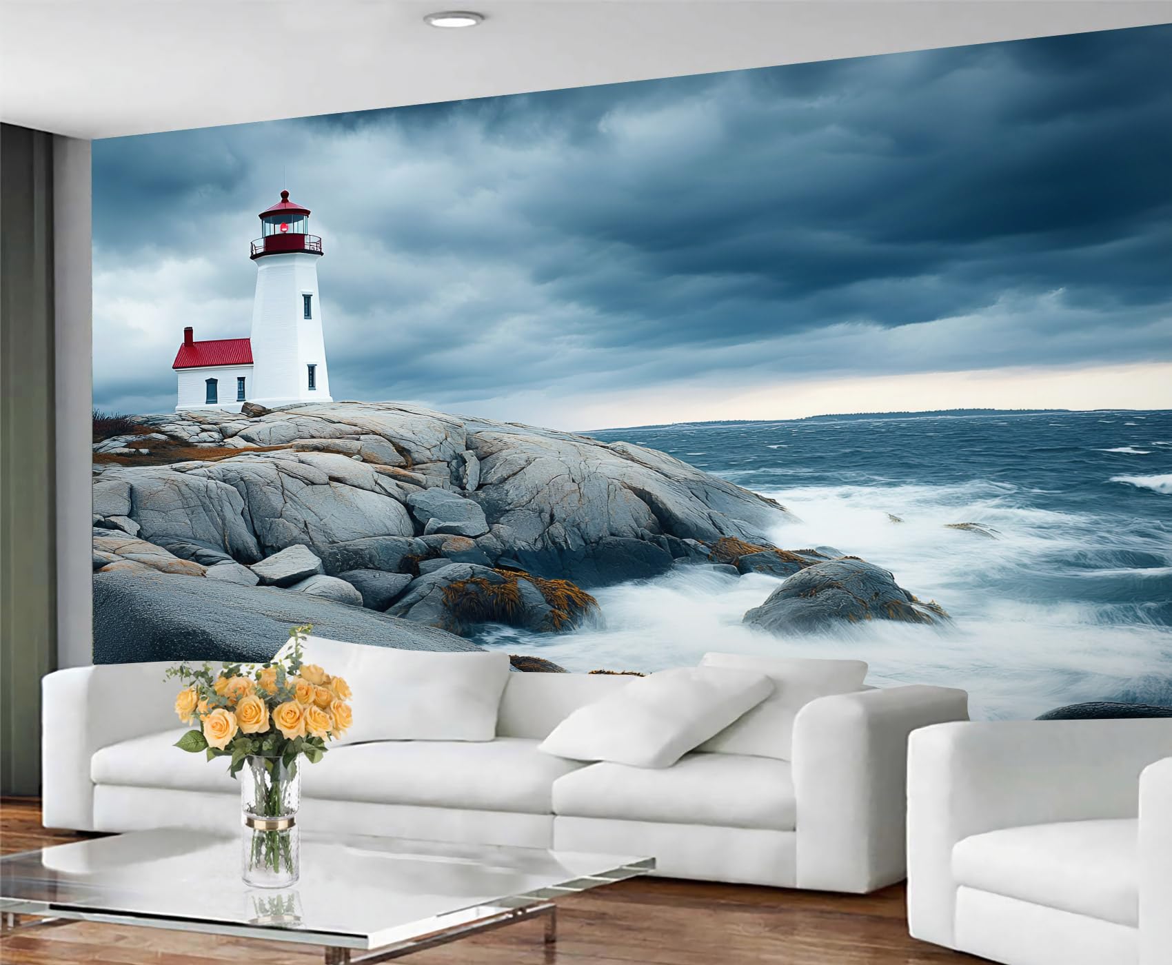 GIVLWF Wallpaper Lighthouse Home Decor & Mural, White Tower Bedroom Wallpaper, Stormy Ocean Wall Paper for Living Room, Nautical Coastal Large Wall Mural - Not Self-Adhesive