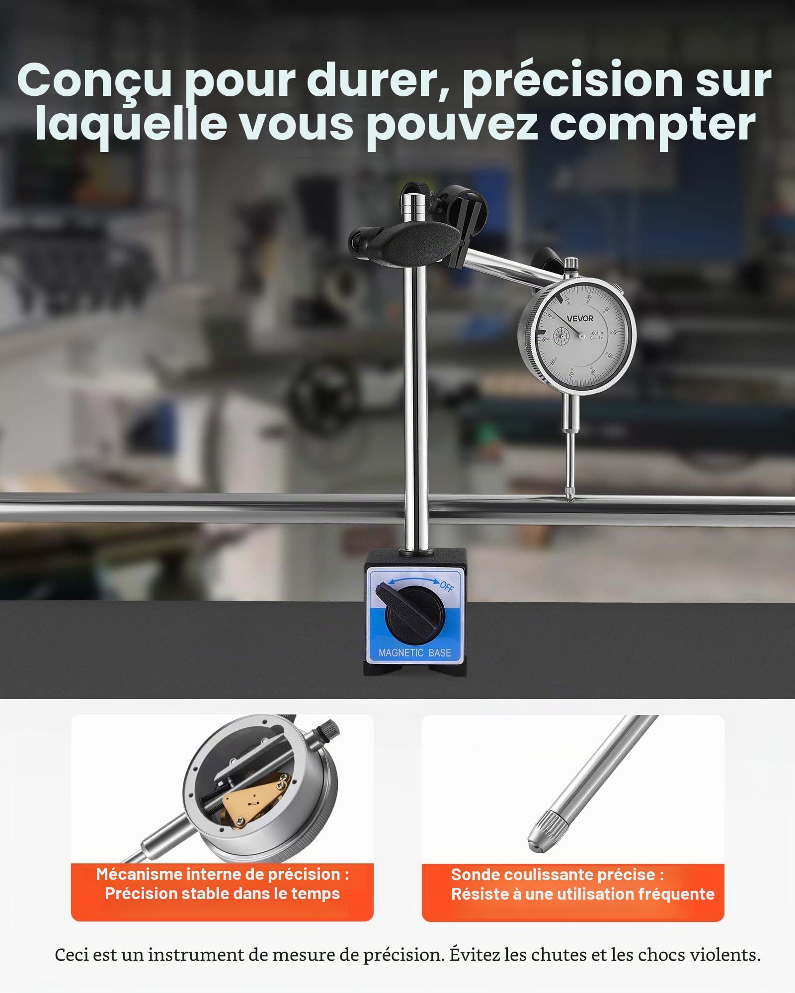 VEVOR Indicateur de Test à Cadran Gradué en pouces, Précision 0,03 mm, Plage de Mesure de 0 à 25,4 mm, Comparateur à Grand Cadran Professionnel pour Mesure du Diamètre Intérieur, Détection Faux-rond