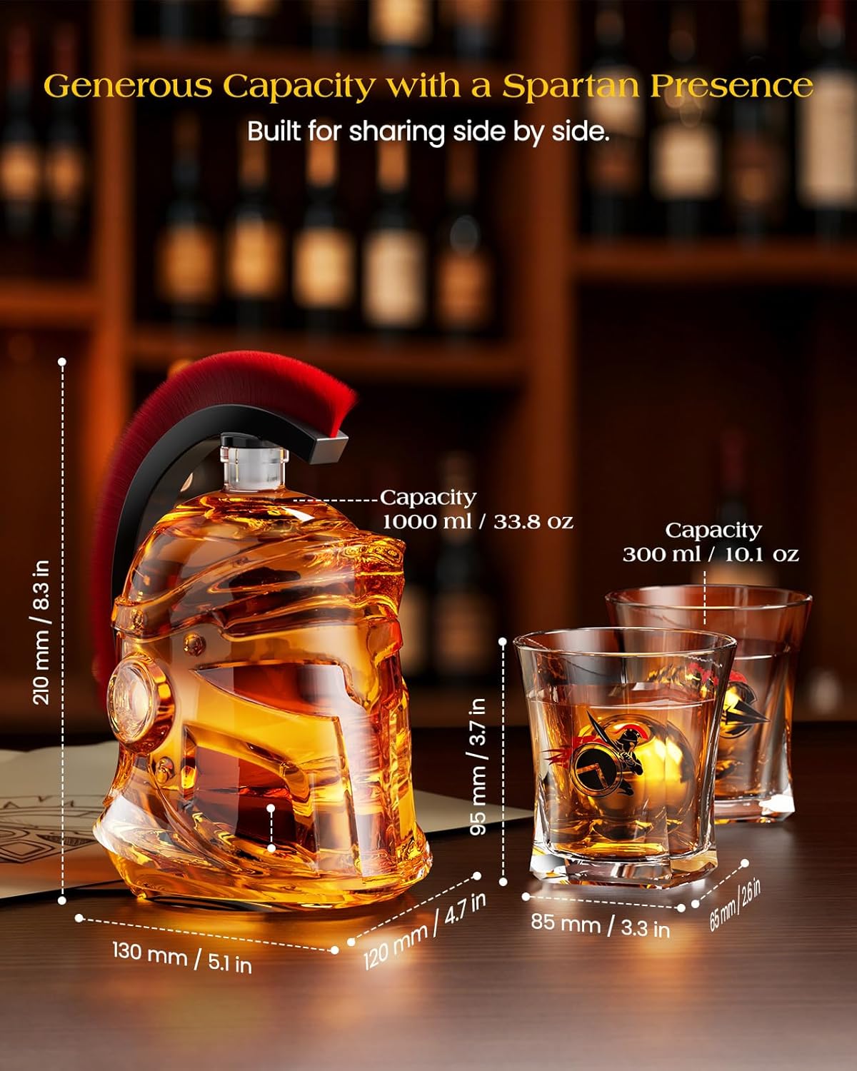 Whiskey Decanter Set, Gifts for Men, 34 Oz Spartan Helmet Liquor Dispenser with 2 Glasses & Ice Balls, Anniversary, Birthday Present for Husband, Dad, Him, Unique Home Bar Accessories