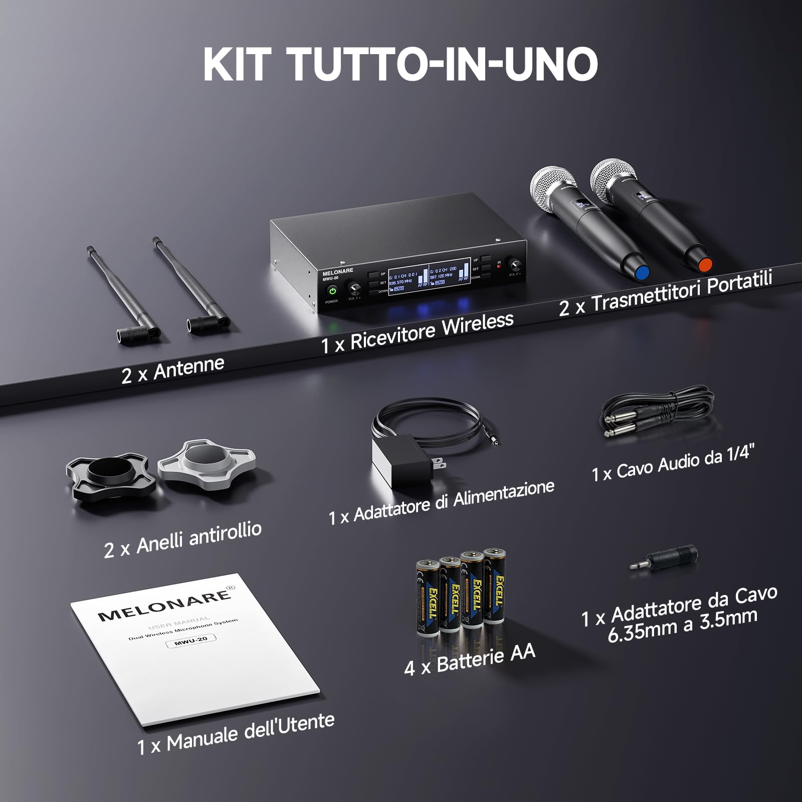 MELONARE Sistema Microfonico Wireless UHF Dual Auto Scan MWU-20-2H | 2 microfoni palmari dinamici, 2 x 100 frequenze, portata 260 piedi, canto, karaoke, chiesa e set DJ