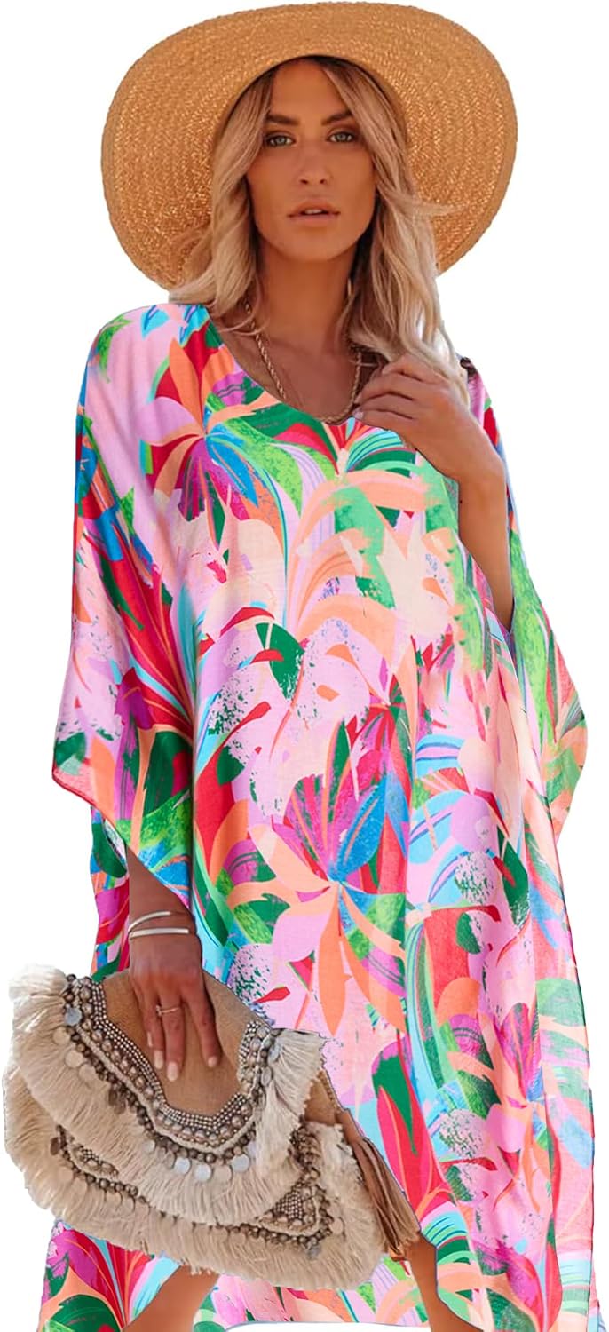 Moss Rose Women's Beach Kaftan Dresses Kimono Swimsuit Cover up for Bathing Suit with Floral Pattern