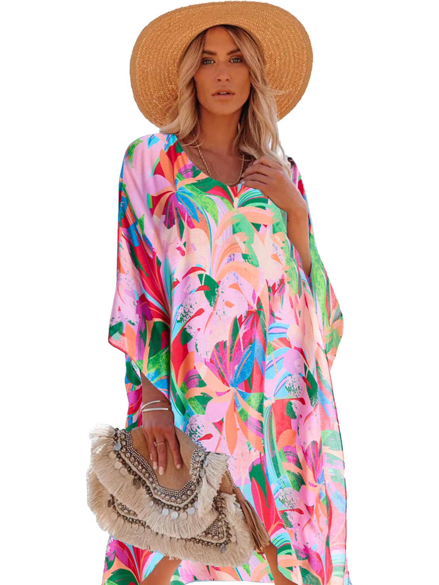 Women's Beach Kaftan Dresses Kimono Swimsuit Cover up for Bathing Suit with Floral Pattern-image-39